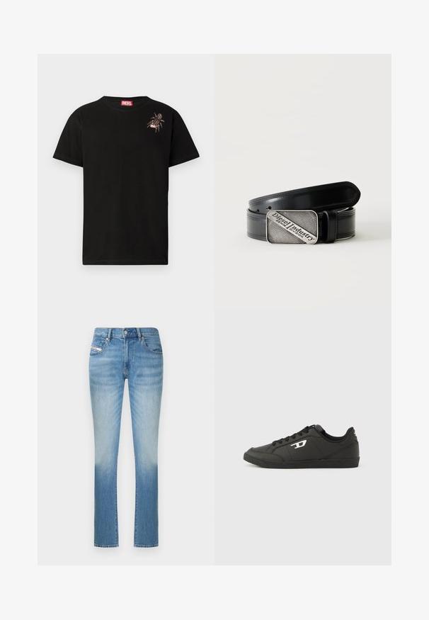 T-shirt en coton noir à manches courtes, présentant un motif de spider décoratif sur le côté gauche de la poitrine et une étiquette rouge du logo Diesel au niveau du col.; Jean en denim bleu clair avec une coupe ajustée, présentant une jambe droite et un léger délavé vers le bas. Style classique à cinq poches.; Baskets synthétiques noires avec une semelle noire texturée, un bout rond et des lacets plats noirs. Logo blanc remarquablement placé sur le côté extérieur.; Ceinture en cuir noir avec une boucle rectangulaire argentée portant le texte gravé "Diesel Industry Denim Division" sur un fond clair à rayures.