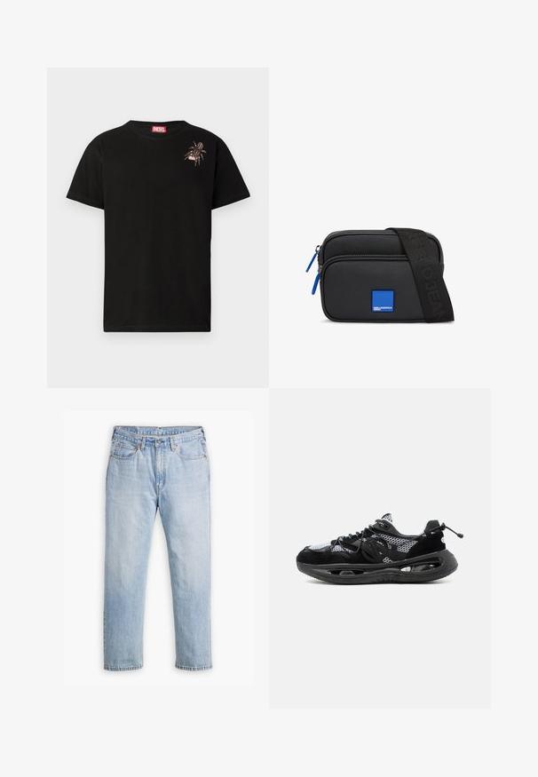Schwarzes Baumwoll-T-Shirt mit kurzen Ärmeln, das ein dekoratives Spinnennetz-Design auf der linken Brust sowie ein rotes Diesel-Logo-Label am Kragen aufweist.; Helle blaue Denim-Jeans mit geradem Bein, im Fünf-Taschen-Stil und kontrastierenden Nähten. Knopf- und Reißverschluss an der Taille.; Schwarz-weißer Sportschuh mit Mesh-Obermaterial, dicker Sohle mit offener Luftdämpfung und verstellbarem Kordelzug am Fersenbereich.; Schwarze synthetische Umhängetasche mit einem blauen quadratischen Logo, zwei Reißverschlussfächern und einem schwarzen Riemen mit Markenaufschrift.