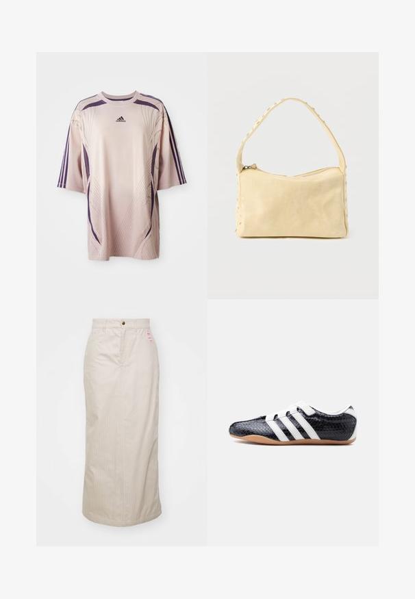 Svetloružové oversize tričko s fialovými akcentmi a dizajnovými líniami. Má krátke rukávy a logo Adidas na hornej časti hrudníka.; Béžová sukňa s pruhmi a vysokým pásom, skrytý zips a kovové zapínanie na gombík. Obsahuje malú značkovú etiketu na prednej strane.; Čierna teniska s bielymi pruhmi a suchými zipsami, textúrovaným povrchom a podrážkou z farebnej gumy, zobrazená z boku na bielom pozadí.; Malá béžová kožená kabelka s jedným remienkom a striebornými cvokmi pozdĺž okrajov a remienka, na jednoduchom pozadí.