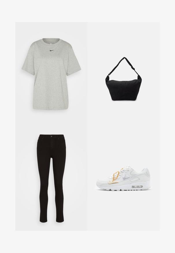 Hallharjasest puuvillane T-särk, millel on ümar kaelus ja lühikesed varrukad. Rinna peal on väike must Nike logo. Lihtne ja mugav lõige.; Pieces PCNUNNA - Liibuvad teksad - black denim; Nike Sportswear AIR MAX 90 - Tossud - summit white/dark beetroot/white/metalic gold; Must mustriga mustriga kott musta kangast, pehme tekstuuriga pinnaga, ümar kuju ja ühe rihmaga. Minimalistlik disain, ilma nähtava riistvara või aktsentideta.