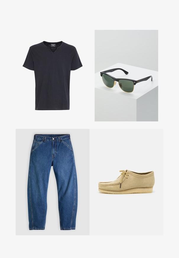 Schwarzes T-Shirt mit kurzen Ärmeln und einem V-förmigen Ausschnitt, einfaches, schmuckloses Design, dargestellt auf weißem Hintergrund.; Blaue Denim-Jeans mit lockerer Passform, ausgestattet mit Knopfverschluss, fünf Taschen und kontrastierenden orangefarbenen Nähten. Durchgehend glatte Textur.; Beige Wildlederschuh mit Schnürdesign, gestickten Details und Gummisohle. Die Form ist lässig mit einem leichten Keilabsatz.; Ray-Ban Sonnenbrillen mit grünen Gläsern, schwarzen Kunststoffrahmen und goldenen Akzenten an den Rändern. Quadratische Form mit matter Oberfläche.