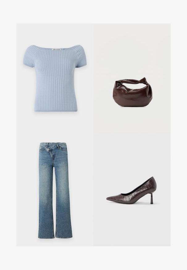Lyseblå ribbet strikbluse med korte puffærmer og off-shoulder halsudskæring. Har en tætsiddende silhuet og glat tekstur.; Lyseblå denim jeans med vide ben og høj talje, let falmet effekt og knaplukning foran. Har fem lommer og minimal syning.; Brune kunstlæder stiletter med spidse tæer og krokodilletekstur, der har en slank, vinklet hæl og en glat inderside.; Mørkebrun læder skuldertaske med en blød, afslappet form og et snoet knudehåndtag på en ensartet hvid baggrund.