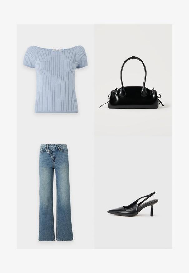 Lichtblauw geribbeld gebreid topje met korte pofmouwen en een off-shoulder halslijn. Heeft een getailleerde silhouet en een gladde textuur.; Lichtblauwe denim wijduitlopende jeans met een hoge taille, lichte vervaging en een knoopsluiting aan de voorkant. Voorzien van vijf zakken en minimale stiksels.; Zwarte leren slingback hoge hak schoenen met puntige neus en slanke hak op een witte achtergrond.; Kleine zwarte glanzende handtas met twee lange hengsels en zijkant trekkoord details op een effen lichte achtergrond.