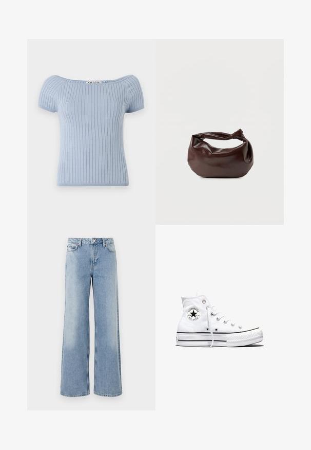 Lyseblå ribbet strikbluse med korte puffærmer og off-shoulder halsudskæring. Har en tætsiddende silhuet og glat tekstur.; Lyseblå vide jeans med en falmet vask, fem lommer, knaplukning og lige kanter. Fremstillet af denim med en glat struktur.; Hvid højtop Converse Chuck Taylor All Star-sneaker med sort logo-patch og hvide snørebånd, vist på hvid baggrund.; Mørkebrun læder skuldertaske med en blød, afslappet form og et snoet knudehåndtag på en ensartet hvid baggrund.