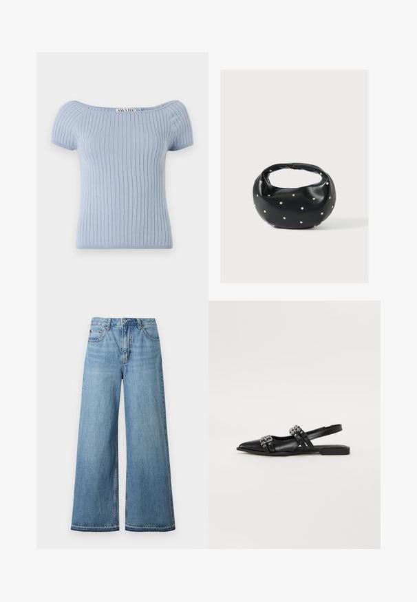 Lichtblauw geribbeld gebreid topje met korte pofmouwen en een off-shoulder halslijn. Heeft een getailleerde silhouet en een gladde textuur.; Lichtblauwe spijkerbroeken met hoge taille, brede pijpen, sluiting met knopen en ritssluiting aan de voorkant, en vijfzakkenontwerp.; Even&Odd by Zalando Slingback ballerina´s - black; Zwarte leren handtas met een afgeronde vorm, versierd met zilveren studs, en een korte handgreep. Gladde textuur en ritsluiting.