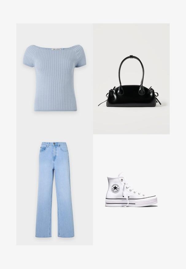 Lyseblå ribbet strikbluse med korte puffærmer og off-shoulder halsudskæring. Har en tætsiddende silhuet og glat tekstur.; Lysblå højtaljede jeans med bred ben-design, lavet af denim. Har markante syninger og fem-lommes styling.; Hvid Converse Chuck Taylor All Star højt snøresko med sorte striber og logoemblem på siden, vist mod en ensfarvet hvid baggrund.; Lille sort blank håndtaske med to lange håndtag og snøre-detaljer i siden på en ensfarvet lys baggrund.