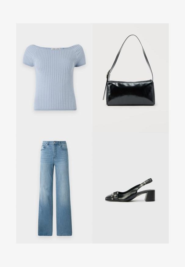 Lyseblå ribbet strikbluse med korte puffærmer og off-shoulder halsudskæring. Har en tætsiddende silhuet og glat tekstur.; Lyseblå højtaljede jeans med lige ben. Fremstillet af denim, med fem lommer og knaplukning.; Sorte læder slingback hæl med spids tå, tekstureret rem med cirkulære metalliske accenter, og en stablet blokhæl.; Sort rektangulær skuldertaske med en enkelt justerbar rem og lynlås i toppen på en ensfarvet baggrund.
