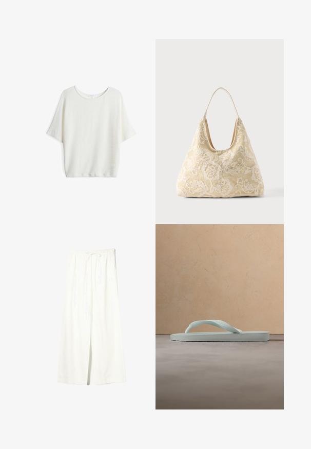 Weißes kurzärmeliges Oberteil mit Rundhalsausschnitt, aus strukturiertem, gewebtem Stoff und lockerer Passform, ideal für den Freizeitlook.; Weiße Leinenhose mit weitem Bein, elastischem Bund und Kordelzug, ausgestattet mit Seitentaschen und einem vorderen Schlitz.; Einzelne hellbeige Gummi-Zehensandale mit strukturierter Fußsohle und Y-förmigem Riemen vor einfachem grauem Hintergrund.; Cremefarbene Stofftasche mit weißem floralem Häkelmuster und einem einzelnen dünnen Schulterriemen auf einfarbigem Hintergrund.