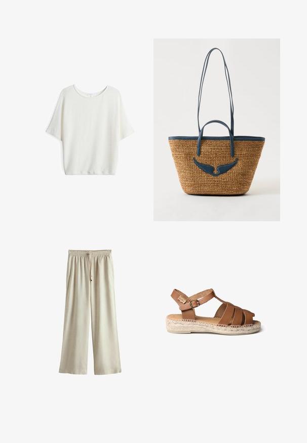 Weißes kurzärmeliges Oberteil mit Rundhalsausschnitt, aus strukturiertem, gewebtem Stoff und lockerer Passform, ideal für den Freizeitlook.; Beige Hosen mit weitem Bein, elastischem Bund und Kordelzug, mit seitlichen Taschen, vor weißem Hintergrund dargestellt.; Braune Ledersandale mit geflochtenem Seilsohle, strappy Design, verstellbare Knöchel-Schnalle und glatter Textur.; Gewebte Strohtasche mit marineblauem Lederbesatz, zwei kurzen Griffen, langen Schulterriemen und flügelförmigem Lederdetail vorne.