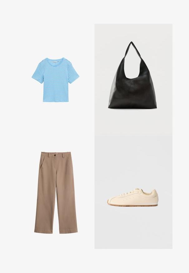 Hellblaues Hemd mit horizontalen weißen Streifen, kurzen Ärmeln, rundem Hals und lockerer Passform. Hergestellt aus einem weichen Baumwollmaterial.; Beige gerade geschnittene Hosen mit seitlichen Taschen, Gürtelschlaufen und Knopfverschluss in der Taille.; Beige Sneaker aus glattem Leder mit runder Zehenpartie, flacher Gummisohle und minimalistischem Design, das subtile Nähte und Perforationen aufweist.; Schwarze, glatte Leder-Schultertasche mit einem breiten, einzelnen Riemen und einem lässigen, minimalistischen Design vor einem einfarbigen Hintergrund.