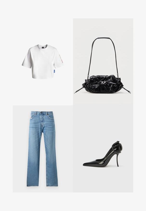 Camiseta blanca recortada de algodón, con mangas cortas, cuello redondo y una etiqueta azul en el lateral. Texto en la manga en rojo.; Jeans de mezclilla azul claro con un diseño de pierna recta, que presentan una cintura estándar, cinco bolsillos y un desvanecimiento sutil en la tela.; Zapato de tacón alto de charol negro con punta afilada y parte trasera abierta. Presenta un detalle curvo único en el talón. Acabado elegante y brillante.; Bolso de mano de cuero negro con diseño fruncido y detalle de lazo en la parte frontal. Cuenta con un asa corta y detalles metálicos en color plata.