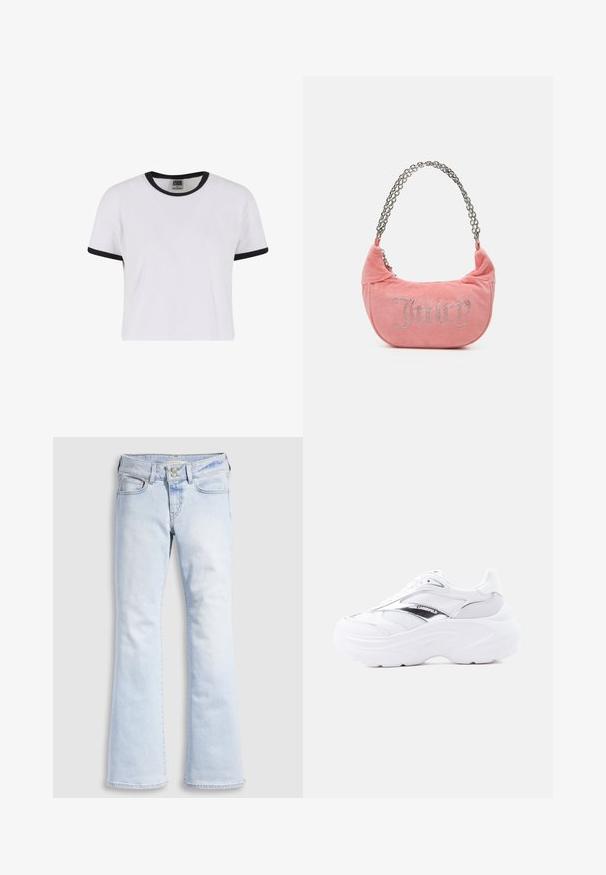 Witte t-shirt met korte mouwen, voorzien van een zwarte geribbelde kraag en mouwmanchetten. Gemaakt van een zachte katoenstof, heeft het een klassieke pasvorm.; Lichtblauwe denim flare jeans met hoge taille, voorzien van een knoopsluiting, vijf zakken en subtiele wassing bij de heupen.; Witte chunky sneaker met bovenzijde van mesh en leer, dikke zool, metallic zilveren detail en "Karl Lagerfeld"-branding aan de zijkant.; Juicy Couture KIMBERLY SMALL SET - Handtas - pink