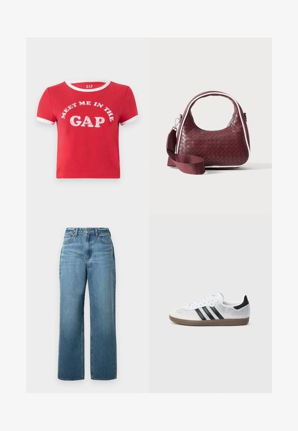 T-shirt en coton rouge à manches courtes, col en ribbed blanc et accents sur les manches. Présente un texte graphique "RENCONTRONS-NOUS DANS L'ESPACE" en blanc.; Jean droit bleu clair en denim, avec une taille standard, cinq poches et une légère décoloration. Pas de motifs ou d'accents distincts.; Baskets en mesh blanc avec des rayures noires, un embout en daim beige et un accent sur le talon, semelle en caoutchouc texturée, et lacets blancs. Design classique à tige basse.; Sac à main en cuir tressé marron foncé avec poignée courbée, garniture blanche, fermeture éclair argentée et bandoulière large en tissu amovible sur fond uni.