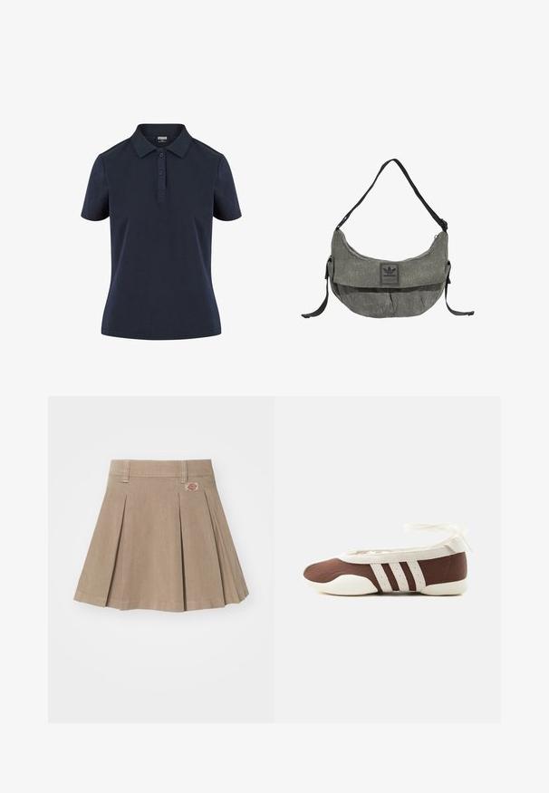 Marineblauwe poloshirt van zachte stof, met een klassieke kraag, een drie-knopen placket en korte mouwen met een ontspannen pasvorm.; Beige geplooide rok gemaakt van een gestructureerde stof. Voorzien van een tailleband met riemlussen en een logopatch aan de linkerzijde.; Bruine en witte ballerinaschoenen met drie witte strepen en een strik om de enkel op een effen lichte achtergrond.; Grijze Adidas schoudertas van stof met zwarte verstelbare riem en een voorflap met Adidas-logo.