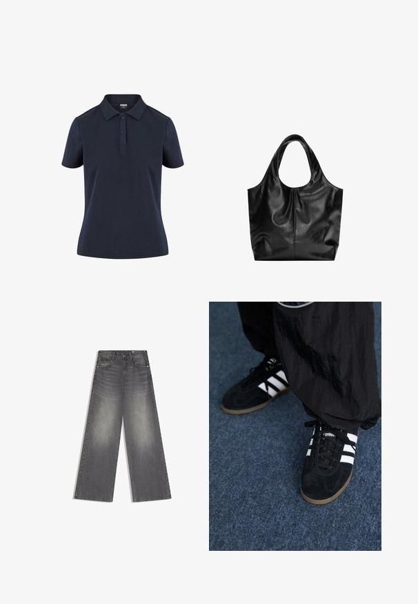 Navyblaue Poloshirt aus weichem Stoff, mit klassischem Kragen, Drei-Knopf-Leiste und kurzen Ärmeln in lässiger Passform.; Weit geschnittene, hoch taillierte graue Jeans aus Denim mit ausgewaschenen Details, Frontknopf und Reißverschluss sowie Taschen vor weißem Hintergrund.; Schwarze Wildleder-Sportschuhe mit drei weißen Streifen und schwarzen Schnürsenkeln. Eine strukturierte schwarze Hose ist teilweise neben den Schuhen sichtbar.; Schwarze Leder-Tote mit glatter Textur, weichem, abgerundetem Oberteil und breiten Tragegriffen. Merkmale minimale Nähte und eine lässige Silhouette.