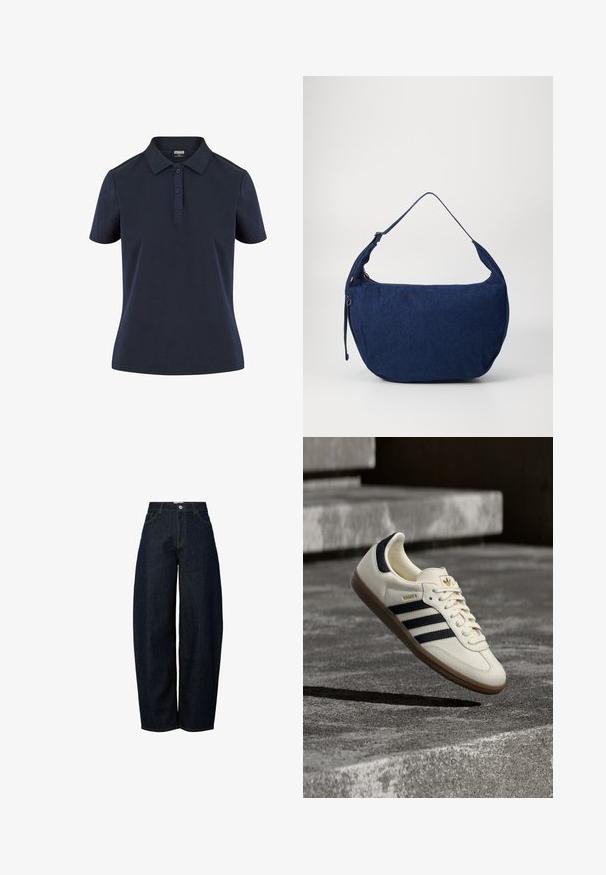 Camisa polo azul marino hecha de tejido suave, con un cuello clásico, tapeta de tres botones y mangas cortas con un corte relajado.; Jeans de mezclilla azul oscuro de pierna ancha con una alta cintura, acabados con costuras naranjas en contraste y un cierre de botón en la parte delantera.; Zapatilla blanca Adidas Samba con franjas negras y suela de goma, flotando sobre escalones de hormigón gris texturizado.; Bolso de hombro de denim azul con forma curva, correa ajustable, cierre de cremallera y una textura sutil. Presenta un diseño minimalista sin herrajes visibles.