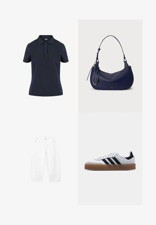 Navyblaue Poloshirt aus weichem Stoff, mit klassischem Kragen, Drei-Knopf-Leiste und kurzen Ärmeln in lässiger Passform.; Weiße Jeans mit weitem Bein, vorne mit Knöpfen und Reißverschluss, Gürtelschlaufen sowie Seitentaschen und vorderen Taschen, auf einem einfarbigen Hintergrund präsentiert.; Weiße Leder Sneakers mit schwarzen Streifen, Gummigummi-Außensohle, runder Zehenform, Schnürverschluss und weichem grauem Wildleder-Zehenkappe.; Marineblaue Leder-Hobo-Tasche mit geschwungener Form, strukturierter Oberfläche, verstellbarem Schulterriemen und einem kleinen roten Logoakzent auf einer Seite.