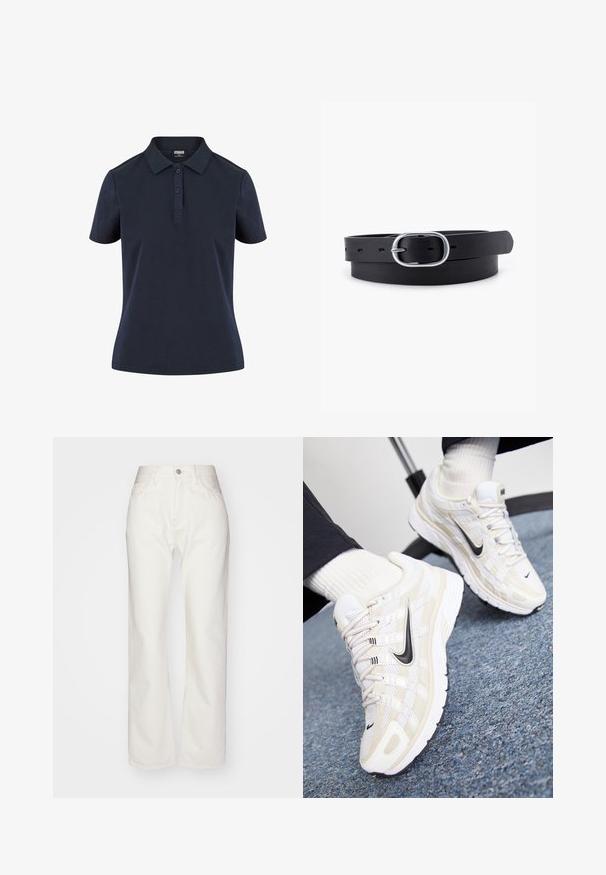 Navyblaue Poloshirt aus weichem Stoff, mit klassischem Kragen, Drei-Knopf-Leiste und kurzen Ärmeln in lässiger Passform.; Weiße Denim-Hosen mit hoher Taille und weit geschnittenem Bein. Mit einem Knopf- und Reißverschluss, Gürtelschlaufen und dezenten Nähten.; Weiße und beige Nike-Sneaker mit einem Obermaterial aus Mesh, strukturiertem Overlay, schwarzem Swoosh und einer gepolsterten Sohle mit rutschfester Außensohle.; Schwarzer Leder Gürtel mit glatter Textur, ovaler silberner Metallschnalle und mehreren Einstelllöchern entlang des Riemens. Flaches, minimalistisches Design.