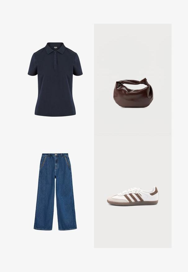 Camisa polo azul marino hecha de tejido suave, con un cuello clásico, tapeta de tres botones y mangas cortas con un corte relajado.; Pantalones vaqueros azules de pierna ancha con bolsillos delanteros, trabillas para cinturón y cierre de botón en la cintura.; Zapatilla blanca Adidas Samba con franjas de ante marrón, suela de goma marrón y puntera de ante beige, vista desde el lado exterior sobre un fondo liso.; Bolso de hombro de cuero marrón oscuro con una forma suave y caída, y un asa con nudo torcido sobre un fondo blanco liso.