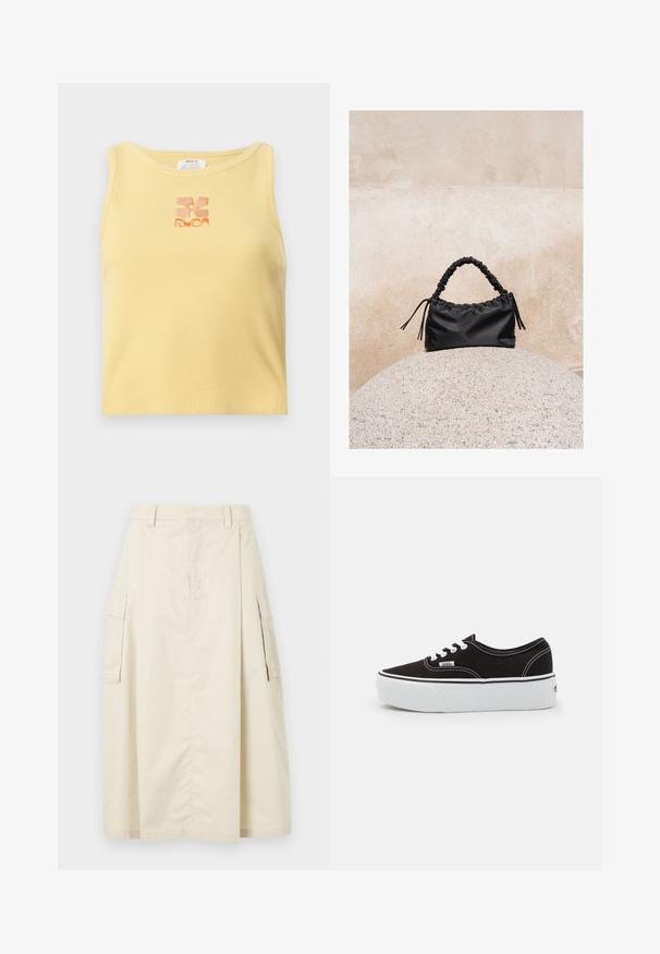 Débardeur jaune à côtes avec un petit logo floral brodé en orange au centre. Design simple, sans manches, avec un col rond.; Jupe beige, longueur genou, en coton. Présente deux poches cargo sur les côtés et un pli à l'avant, avec une taille et une fermeture éclair cachée.; Baskets en toile noires avec une semelle en caoutchouc blanc, dotées de lacets et de coutures blanches, marquage emblématique sur le côté, design basse.; Sac à main noir froncé avec une poignée froncée, posé sur une sphère en pierre texturée devant un mur en béton beige.