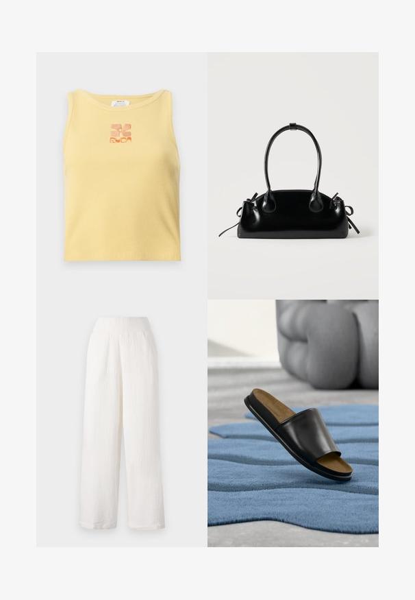 Débardeur jaune à côtes avec un petit logo floral brodé en orange au centre. Design simple, sans manches, avec un col rond.; Pantalons larges blancs en tissu texturé et froissé. Dotés d'une taille élastique et de poches latérales pour plus de commodité.; Sandale noire en cuir à enfiler avec une semelle intérieure marron reposant sur un tapis bleu texturé, avec une grande sculpture grise floue en arrière-plan.; Petit sac à main noir brillant avec deux longues anses et des détails à cordon sur les côtés sur un fond clair uni.