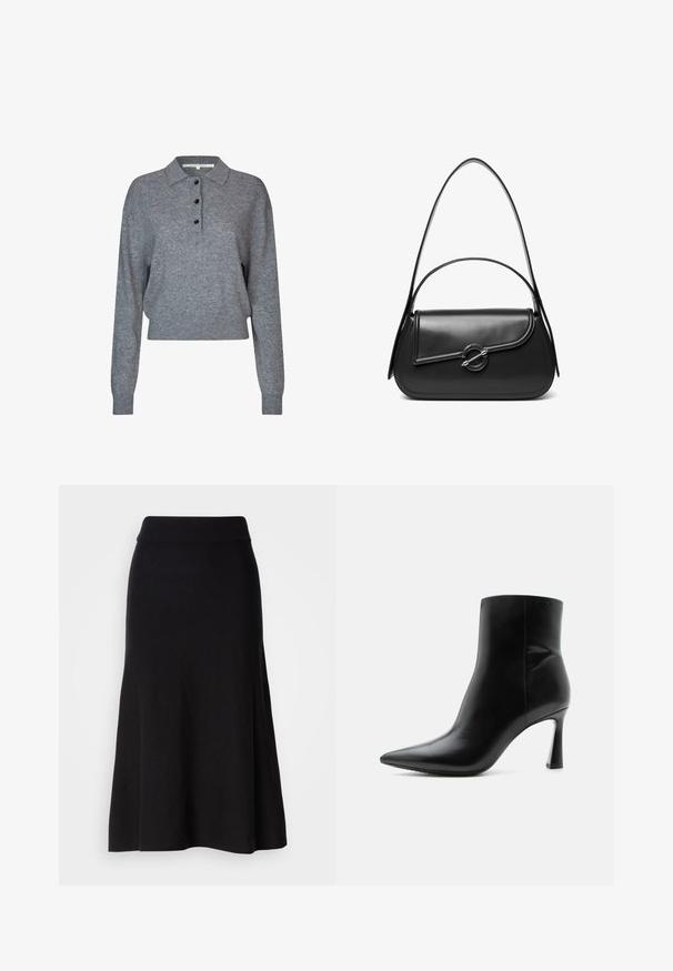 Grå strikket pullover med krave, tre sorte knapper, lange ærmer og cropped kant. Blødt tekstur og enkle design detaljer.; Sort strikfløjet nederdel med bred talje, midi-længde, glat tekstur og ingen synlige mønstre eller hardware detaljer.; Sort læderankelstøvle med spids tå og slank, høj stilet hæl, vist i sideprofil på hvid baggrund.; Sort skuldertaske i læder med en buet klap, der er fastgjort med en rund metal spænde, og en slank, justerbar rem.