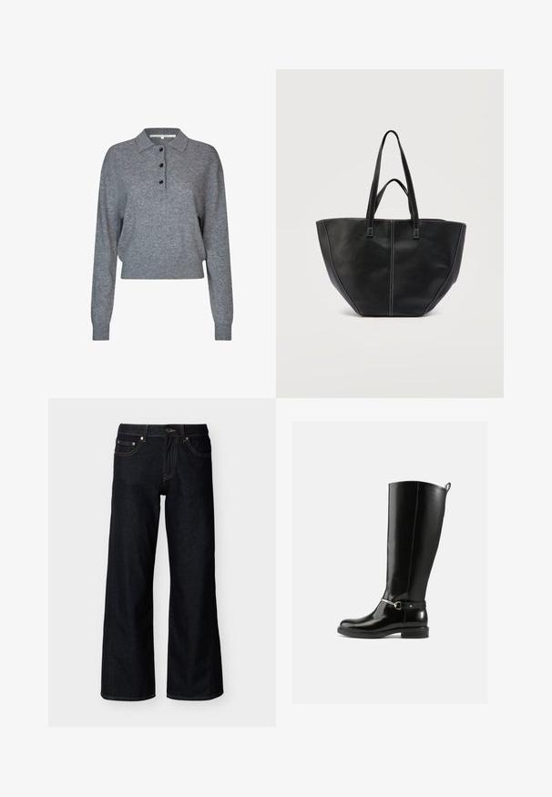 Grå strikket pullover med krave, tre sorte knapper, lange ærmer og cropped kant. Blødt tekstur og enkle design detaljer.; Mørkeblå jeans med brede ben, med forreste knap, lynlås og styling med fem lommer på en ensfarvet lys baggrund.; Sorte knæhøje støvler lavet af blankt læder med en sølvfarvet spænde ved anklen og rundet snude. Flad sål.; Sort lædertaske med to håndtag og kontrastfuld hvid syning, med en bred, struktureret form og detaljer med central søm.