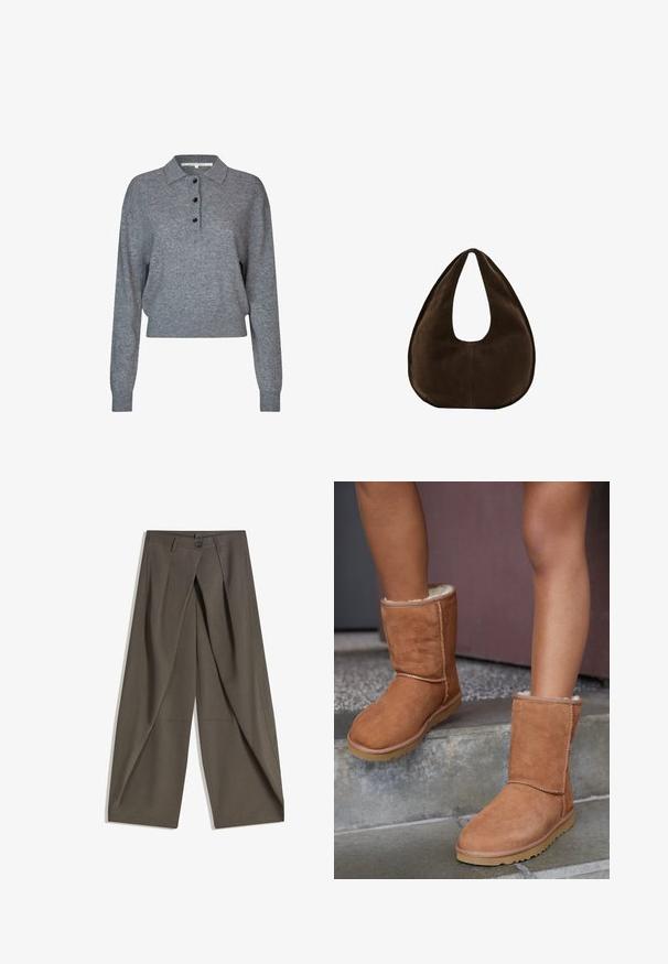 Grå strikket pullover med krave, tre sorte knapper, lange ærmer og cropped kant. Blødt tekstur og enkle design detaljer.; Vide bukser lavet af et struktureret, mørkegråt stof. Har en frontfald, knaplukning og sidelommer for praktisk anvendelse.; Brune ruskind ankelstøvler med rund tå, blødt foer og gummisål, der har synlige stikninger langs sømmene.; Mørkebrun ruskind skuldertaske formet som en halvmåne med en bred rem og glat tekstur på en hvid baggrund.