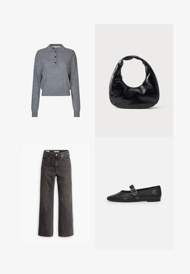 Grijze gebreide pullover met een kraag, drie zwarte knopen, lange mouwen en een korte onderrand. Zachte textuur en eenvoudige ontwerpelementen.; Hoge taille, wijde pijp jeans van donkergrijze denim, met zijzakken, contrasterende koperen klinknagels en een strakke afwerking zonder versieringen.; Zwarte leren platte schoen met een ronde neus, een enkele verstelbare gespsluiting en een gladde, glanzende textuur. Minimalistisch ontwerp met een lage hak.; Zwarte neplederen handtas met een unieke halve maanvorm, een brede, gevoerde handgreep en een ritssluiting. Glad, glanzend oppervlak, minimalistisch ontwerp.
