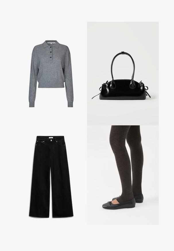 Grå strikket pullover med krave, tre sorte knapper, lange ærmer og cropped kant. Blødt tekstur og enkle design detaljer.; Sorte vidde jeans lavet af denim, med høj talje, fem lommer og sølv hardware detaljer. Glat tekstur, enkelt design.; Ben iført mørke ribbede leggings kombineret med sorte balletsko med små sløjfedetaljer på hvid baggrund.; Lille sort blank håndtaske med to lange håndtag og snøre-detaljer i siden på en ensfarvet lys baggrund.