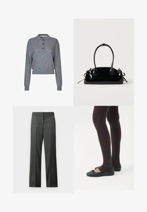 Grijze gebreide pullover met een kraag, drie zwarte knopen, lange mouwen en een korte onderrand. Zachte textuur en eenvoudige ontwerpelementen.; Donkergrijze rechte broek met plooien aan de voorkant en verstelbare taille met knopen aan de zijkant, op een witte achtergrond.; Benen met donkere geribbelde leggings gecombineerd met zwarte ballerina's met kleine strikdetails op een witte achtergrond.; Kleine zwarte glanzende handtas met twee lange hengsels en zijkant trekkoord details op een effen lichte achtergrond.