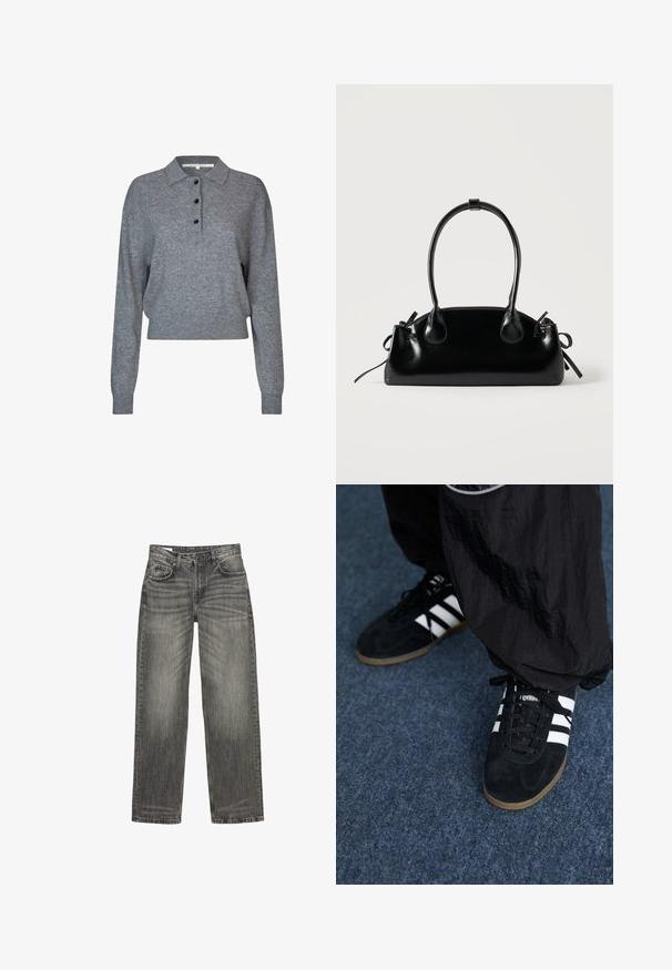 Grå strikket pullover med krave, tre sorte knapper, lange ærmer og cropped kant. Blødt tekstur og enkle design detaljer.; Grå denim jeans med afslappet pasform, som har fem lommer, diskret falmning og et lige ben design. Klassisk talje med bæltesløjfer.; Sorte suedetrainingssko med tre hvide striber og sorte snørebånd. Et tekstureret sort bukser er delvist synligt ved siden af skoene.; Lille sort blank håndtaske med to lange håndtag og snøre-detaljer i siden på en ensfarvet lys baggrund.