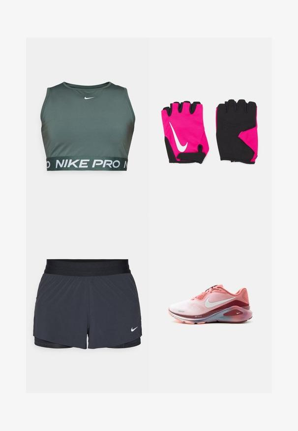 Zelený športový podprsenka vyrobená z hladkej tkaniny, s okrúhlym výstrihom a širokým elastickým pásom s bielym nápisom "NIKE PRO".; Čierne športové šortky s elastickým pásom, ktoré majú vrstvený dizajn a malú bielu aplikáciu loga Nike v dolnom ľavom rohu. Ľahký materiál.; Ružovo-červená bežecká obuv Nike s bielym logom swoosh, polstrovanou podrážkou a sieťovinovým zvrškom, zobrazená z boku na bielom pozadí.; Krátke ružové rukavice s čiernymi akcentmi, vybavené bielym logom Nike, polstrovanými dlaňami a bezprstovým dizajnom pre lepší úchop a flexibilitu.