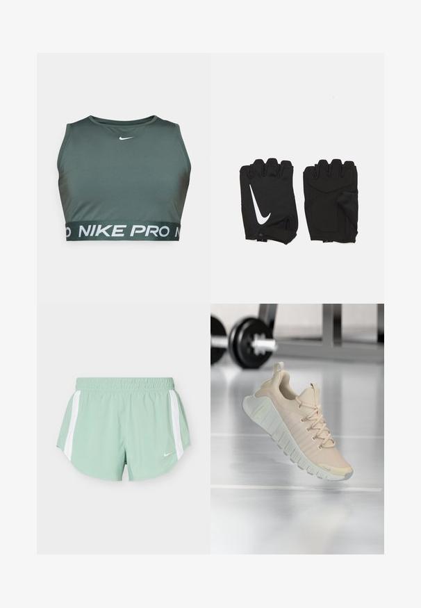 Grøn sportsbh lavet af glat stof, med rund halsudskæring og en bred elastisk kant med "NIKE PRO" i hvid skrift.; Lysegrønne atletikshorts med hvide sidelister og elastisk talje, med et lille hvidt Nike-logo foran.; Letvægts sneaker i en blød beige farve. Har en tekstureret overdel, flade snørebånd og en tyk, rillede sål med subtile brandingsdetaljer.; Sorte fingerløse træningshandsker lavet af åndbart stof, med et hvidt Nike-logo, polstrede håndflader og et åbent håndledsdesign for fleksibilitet.