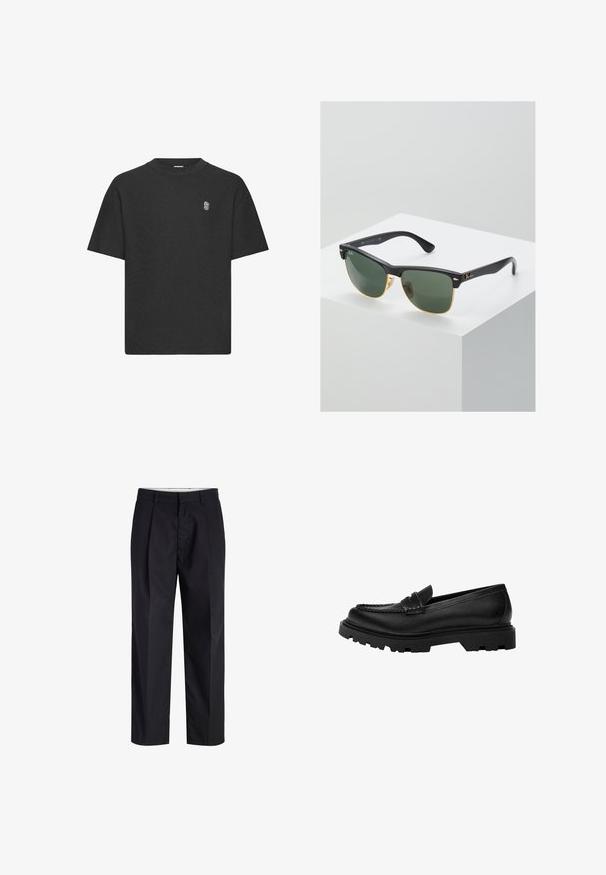 Zwart t-shirt met korte mouwen in een gestructureerde stof, met een ronde hals en een discreet geborduurd logo op de borst.; Zwarte broek met rechte pijpen, voorzien van een tailleband, riemlussen, een ritssluiting aan de voorkant en zijzakken, afgebeeld op een witte achtergrond.; Zwarte leren loafer met een robuuste, gestructureerde zool. Heeft een decoratieve gestikte rand en een lage hak voor een eigentijdse uitstraling.; Ray-Ban zonnebrillen met groene lenzen, zwarte plastic monturen en gouden accenten aan de randen. Vierkante vorm met een matte afwerking.