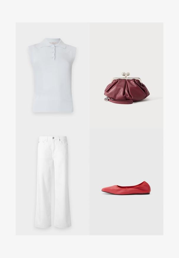 Top polo sans manches bleu clair avec un col traditionnel, patte de boutonnage à trois boutons et ourlet côtelé. Fabriqué en tissu lisse et doux.; Jean blanc taille haute à jambes larges avec bouton à l'avant, fermeture éclair et style à cinq poches sur un fond clair uni.; Filippa K REY FLATS - Ballerines - bright red; Petite pochette en cuir bordeaux avec fermoir en métal argenté et bracelet pour poignet sur fond blanc.