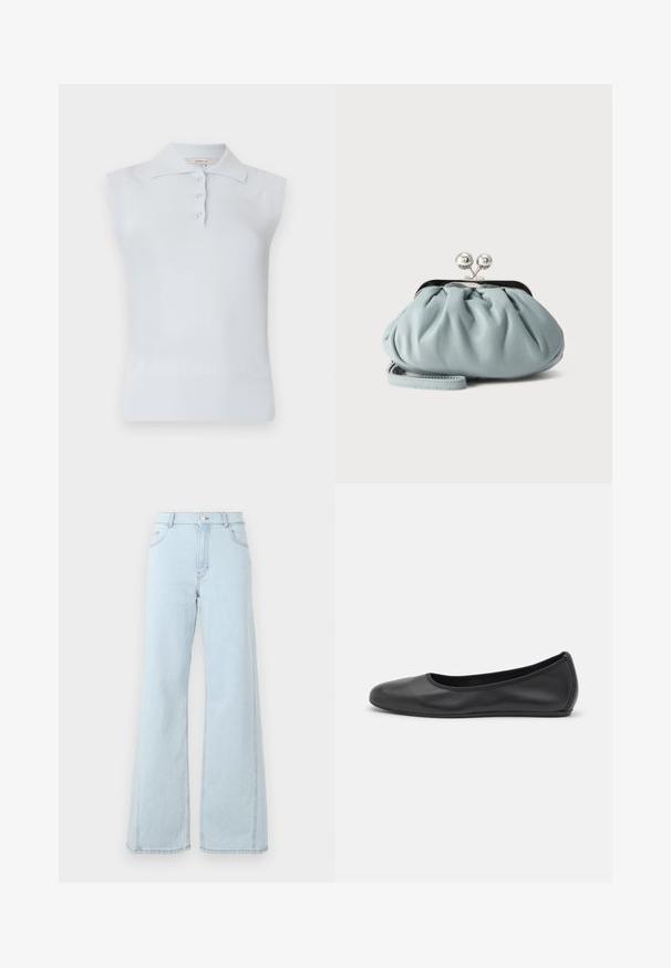 Top polo sans manches bleu clair avec un col traditionnel, patte de boutonnage à trois boutons et ourlet côtelé. Fabriqué en tissu lisse et doux.; Des jeans en denim bleu clair à taille haute, à jambes larges, avec des poches avant et des détails de couture visibles sur les coutures et l'ourlet.; Ballerines en cuir noir avec un bout rond, texture lisse, détails de couture minimalistes et design de semelle flexible.; Petit porte-monnaie en cuir bleu clair avec fermoir métallique argenté de type kiss-lock et court bracelet de poignet sur fond uni.