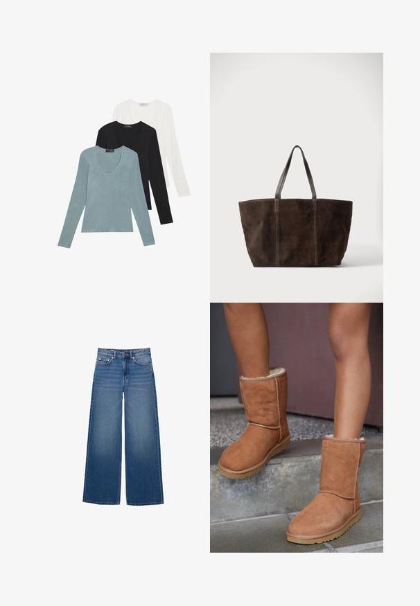 Tre langærmede toppe i lys blå, sort og hvid. Designet har en rund udskæring og en blød, let stoftekstur.; Vidde-ben denimjeans i en mellemblå vask, med høj talje, fem-lomme design og syningsdetaljer langs sømmene.; Brune ruskind ankelstøvler med rund tå, blødt foer og gummisål, der har synlige stikninger langs sømmene.; Mørkebrun ruskindstaske med to sorte læderhåndtag og lodrette syninger, vist mod en enkel lys baggrund.