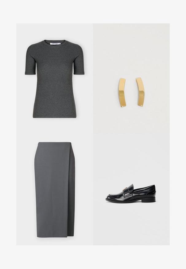 T-shirt tricoté gris foncé à manches courtes, col rond, coupe ajustée et design uni présenté sur fond blanc.; Jupe grise arrivant aux genoux avec un design épuré. Confectionnée dans un tissu lisse, elle comporte une fente latérale et des lignes nettes pour une apparence minimaliste.; Mocassin en cuir noir brillant avec petit talon et emblème métallique décoratif sur le cou-de-pied, présenté de profil sur fond blanc.; Boucles d'oreilles en métal doré avec un design cintré et allongé. La surface est lisse et polie, arborant un style minimaliste.