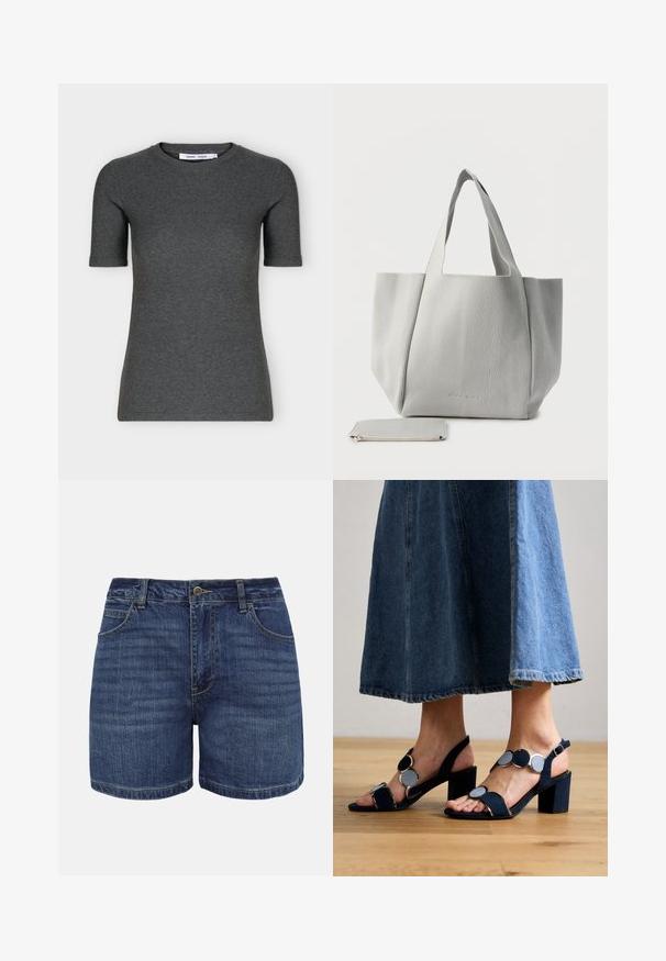T-shirt tricoté gris foncé à manches courtes, col rond, coupe ajustée et design uni présenté sur fond blanc.; Shorts en denim bleu foncé avec bouton frontal, fermeture éclair, passants pour ceinture et poches avant, présentés sur un fond blanc.; Marco Tozzi Sandales - navy; Sac fourre-tout en tissu côtelé gris clair avec deux poignées, accompagné d'une petite pochette assortie à fermeture éclair sur fond blanc.