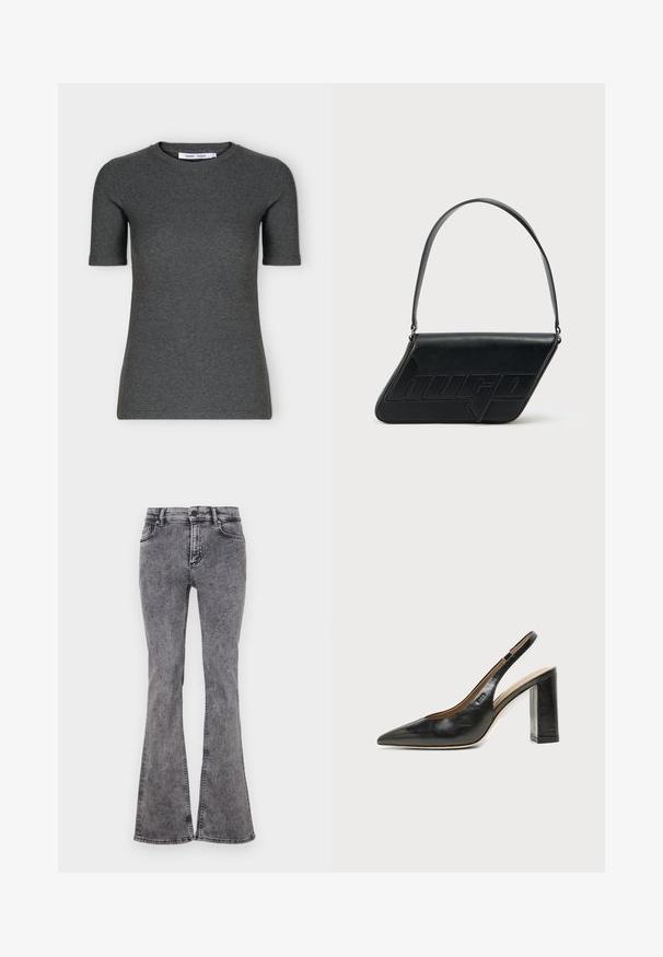 T-shirt tricoté gris foncé à manches courtes, col rond, coupe ajustée et design uni présenté sur fond blanc.; Jean noir évasé en denim avec un délavage, comportant cinq poches, une fermeture éclair et des coutures contrastées le long des coutures.; Chaussure slingback en cuir noir à bout pointu avec un talon bloc haut et une doublure intérieure beige sur un fond clair uni.; Sac d'épaule en cuir noir de forme triangulaire, avec un logo embossé et une seule bandoulière réglable. Design minimaliste avec une texture lisse.