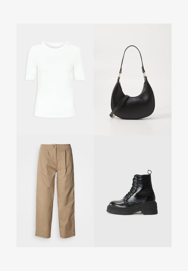 Camiseta blanca de manga corta hecha de algodón suave. Presenta un escote redondo y una silueta ajustada sin patrones ni elementos metálicos visibles.; Pantalones beige de cintura alta con piernas rectas, detalles plisados y cierre de botón. Hechos de tela de algodón ligera con textura suave.; Botines negros con acabado brillante, que presentan una suela de plataforma gruesa y un diseño con cordones, mostrando prominentemente la marca "TOMMY."; Bolso de mano de cuero negro con forma curva, que cuenta con un cierre superior con cremallera, un asa corta y una correa para el hombro desmontable. Accesorios en dorado.