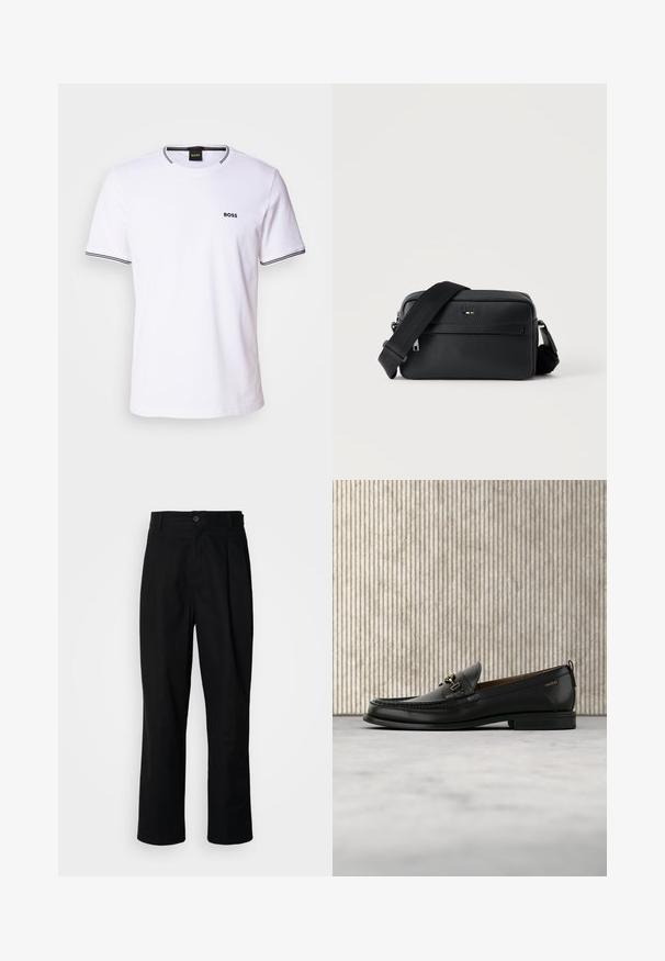 Weißes Baumwoll-T-Shirt mit kurzen Ärmeln, das über einen runden Halsausschnitt und schwarze Streifen am Kragen und den Ärmelabschlüssen verfügt. Kleines "BOSS"-Logo auf der Brust.; Schwarze gerade geschnittene Hosen mit einem Knopfverschluss, Gürtelschlaufen und Vorderfalten, vor einem schlichten weißen Hintergrund präsentiert.; Schwarzer Lederloafer mit goldfarbenem Metallbit und "HUGO"-Markenlogo, präsentiert vor einem beigen Teppich und braunen durchsichtigen Möbelstücken.; Schwarze, strukturierte Leder-Crossbody-Tasche mit vorderer Reißverschlusstasche und verstellbarem breitem Stoff-Schulterriemen auf weißem Hintergrund.