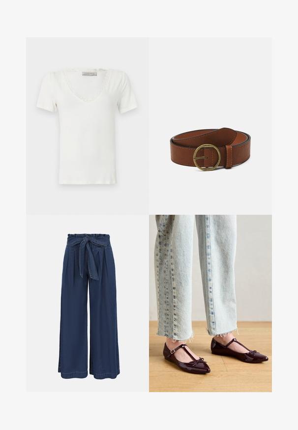 Haut blanc à manches courtes avec col en V bordé de dentelle, étiquette Anna Field, présenté sur un fond uni.; Pantalon bleu marine taille haute à jambes larges, avec un devant plissé et une ceinture en tissu nouée à la taille.; Ballerines bordeaux brillantes avec une bride en T, ornées d'un nœud à l'avant. Portées avec un jean court en denim bleu clair.; Ceinture en cuir marron avec une boucle en laiton ronde, présentant une texture lisse et des coutures contrastées le long des bords.