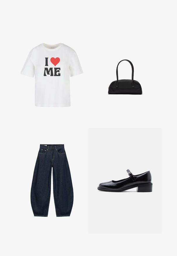 Weißes Baumwoll-T-Shirt mit kurzen Ärmeln, das in fetter schwarzer Schrift "I," ein rotes Herz und "ME" in einer informellen Schriftart zeigt.; Dunkelblaue Jeans mit weitem Bein, vorderen Taschen, Gürtelschlaufen und Knopfverschluss in der Taille.; Schwarzer Mary-Jane-Schuh aus Lackleder mit niedrigem Blockabsatz und verstellbarem Schnallenriemen auf hellem einfarbigem Hintergrund.; Schwarze Lederhandtasche mit langen, abgerundeten Griffen und einem geschwungenen rechteckigen Körper, ausgestattet mit einem oberen Reißverschluss.