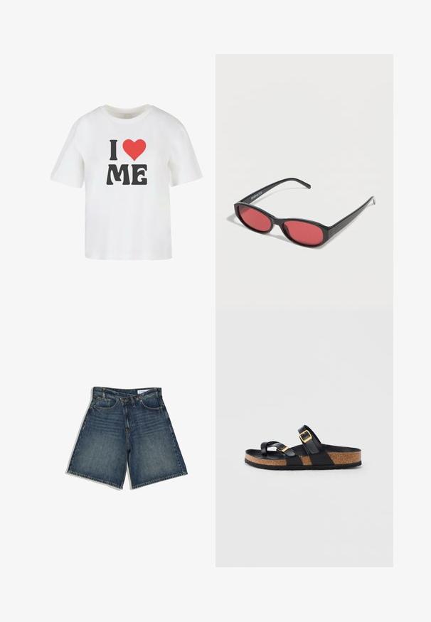 Hvid bomulds t-shirt med korte ærmer, med fed sort tekst "I," et rødt hjerte, og "ME" i en uformel skrifttype.; Mørkeblå denimshorts med frontlommer, bæltestropper og knaplukning, lagt fladt på en hvid baggrund.; Sort åben sandal med korksål og to justerbare sorte remme med guldspænder, vist i profil mod hvid baggrund.; Sorte ovale solbriller med tynde arme og rødtonede linser, der ligger på en hvid overflade.