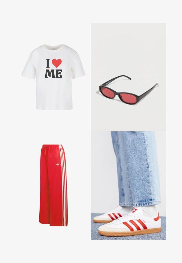 Hvid bomulds t-shirt med korte ærmer, med fed sort tekst "I," et rødt hjerte, og "ME" i en uformel skrifttype.; Røde træningsbukser lavet af let materiale, med bred benudformning, elastisk talje, snøre og tre hvide striber på hver side.; Hvide lædersneakers med røde striber og accenter. Har en tekstureret gummisål og polstret krave. Bæres med lyseblå denim.; Sorte ovale solbriller med tynde arme og rødtonede linser, der ligger på en hvid overflade.