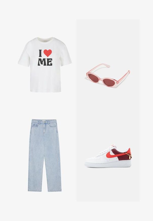 Hvid bomulds t-shirt med korte ærmer, med fed sort tekst "I," et rødt hjerte, og "ME" i en uformel skrifttype.; Lyseblå, højtaljede denimbukser med lige ben, fem lommer og synlige sømme. Materialet har en klassisk vaskeeffekt.; Hvid Nike Air Force 1-sneaker med røde og mørkerøde paneler, rød swoosh og lille guldkæde nær hælen.; Lyserøde transparente solbriller med ovale linser, mørkerød toning og slanke stænger, der har en glat overflade og diskret detaljering på rammen.