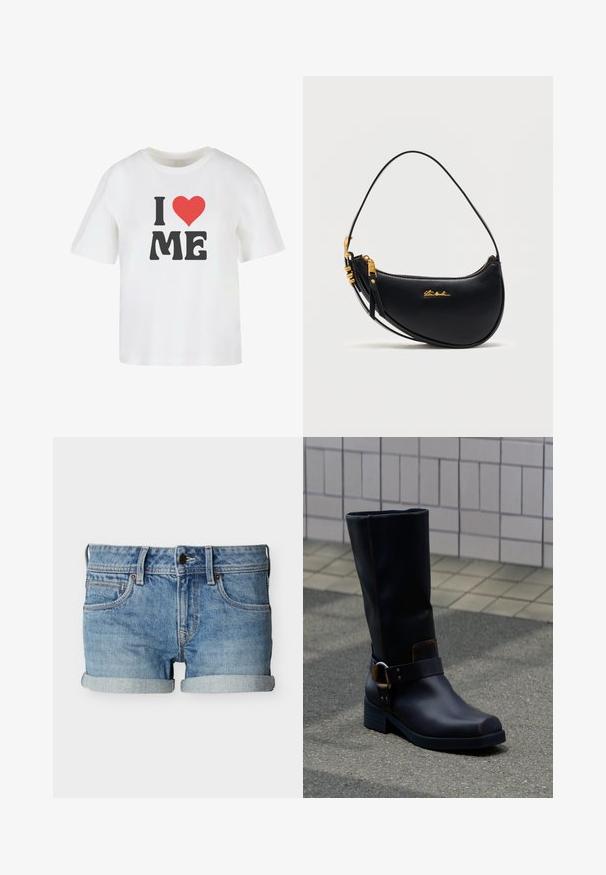 Camiseta de algodón blanca con manga corta, que presenta un texto en negro en negrita "I," un corazón rojo y "ME" en una fuente informal.; Pantalones cortos de mezclilla azul claro con dobladillos enrollados, botón frontal, cremallera, presillas para cinturón y bolsillos delanteros y para monedas, mostrados sobre fondo blanco.; Bota de cuero negra a media pantorrilla con tacón bajo y una correa decorativa con hebilla metálica, apoyada sobre una superficie pavimentada gris cerca de una pared alicatada.; Bolso de mano de cuero negro en forma de media luna con cremallera dorada, correa ajustable y pequeño logo dorado de "Steve Madden" en el frente.