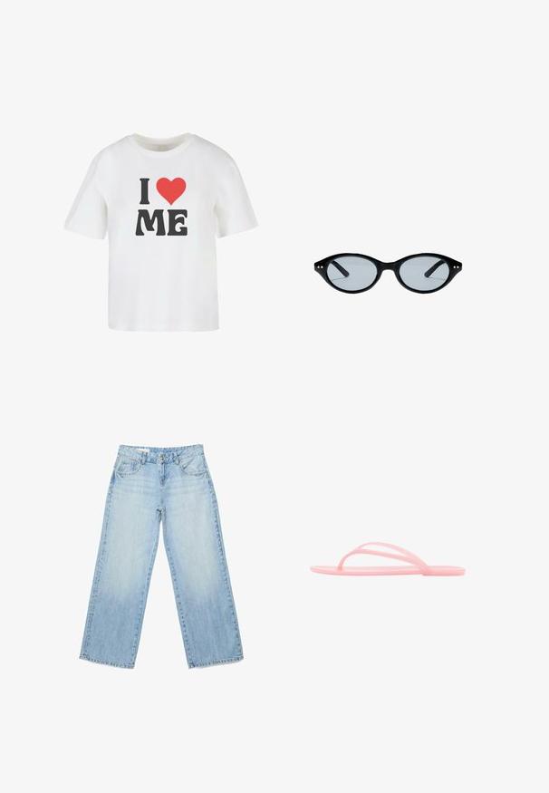 Hvid bomulds t-shirt med korte ærmer, med fed sort tekst "I," et rødt hjerte, og "ME" i en uformel skrifttype.; Stradivarius LOOSE STUDDED - Wide leg - mottled royal blue; Minimalistisk pink gummiflip-flop med tynde stropper og flad sål, vist i sideprofil på hvid baggrund.; Sorte ovale solbriller med tynde stel og små gyldne prikker nær hængslerne med lettonede linser.